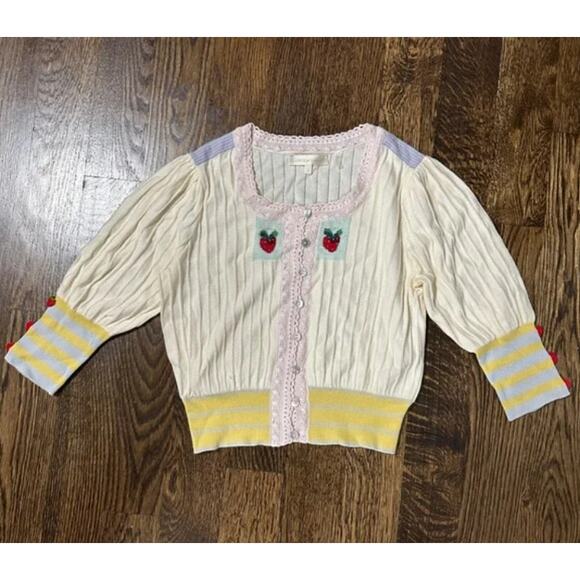 LoveShackFancy Strawberry Cardigan Cropped Sweater Lace Trim Button Cream Size L - Picture 1 of 7